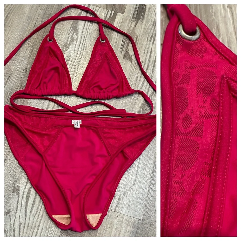 CHRISTIAN DIOR Vintage Bikini Swimsuit Women Small Pink Lace Logo 2 Piece